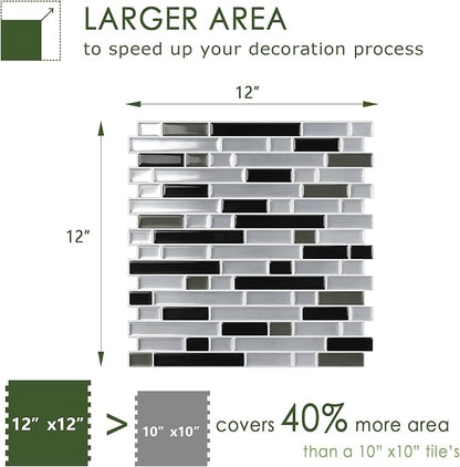 STICKGOO Thicker Peel and Stick Backsplash Tile for Kitchen and Bathroom | 10 Sheets of 12”×12” - 3D Vinyl Self Adhesive Wall Tiles Stick on Backsplash for Kitchen & Bathroom(Silver, Black)