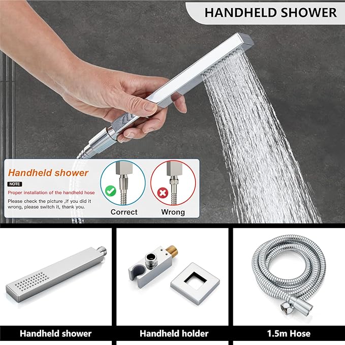 Midanya Shower Faucet Set,Wall Mount Shower System with Square Rain Shower Head and Hand Sprayer, Rough-in Valve Body and Trim Kit Included,16 Inch,Polish Chrome