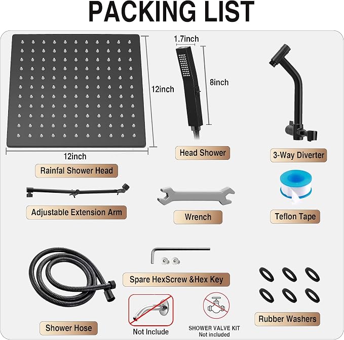 All Metal 12 Inch Rain Shower Head with Handheld Built-in Power Wash Mode, High Pressure Waterfall Rainfall Square Shower Heads with 16" Adjustable Extension Arm, Dual Showerhead, Matte Black