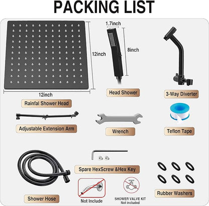 All Metal 12 Inch Rain Shower Head with Handheld Built-in Power Wash Mode, High Pressure Waterfall Rainfall Square Shower Heads with 16" Adjustable Extension Arm, Dual Showerhead, Matte Black