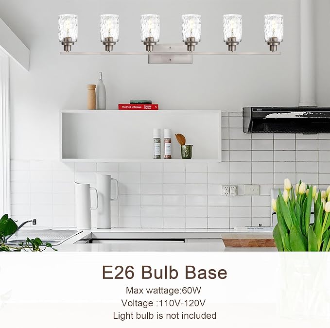MELUCEE Bathroom Vanity Light Brushed Nickel with Clear Hammered Glass | 6-Light Industrial Wall Light Fixtures for Bath Mirror Bedroom Dressing Table (Patent No.: US D963914 S)