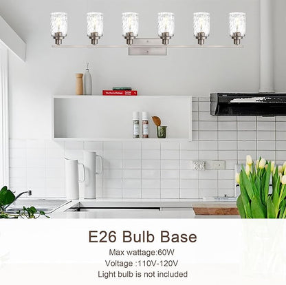 MELUCEE Bathroom Vanity Light Brushed Nickel with Clear Hammered Glass | 6-Light Industrial Wall Light Fixtures for Bath Mirror Bedroom Dressing Table (Patent No.: US D963914 S)