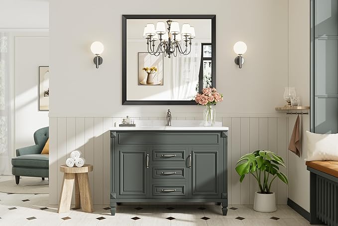 40.1x38.1 Inch Black Bathroom Mirror for Wall, Thick Metal Framed Rectangle Mirrors for Over Sink, Bedroom, Living Room, Entryway, Anti-Rust, HD Tempered Glass
