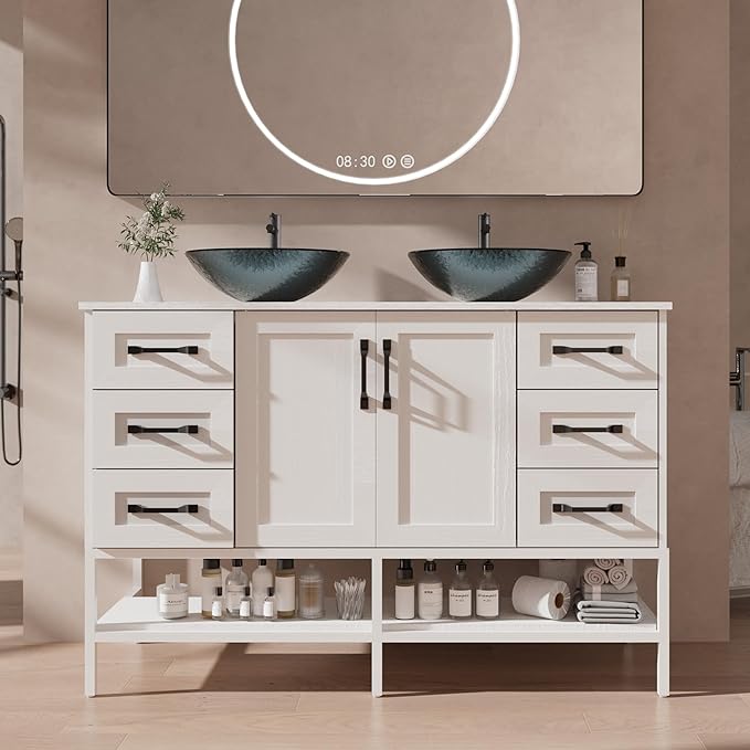 VNN 48 Inch Bathroom Vanity with Sink - Double Sink Bathroom Vanity, Freestanding Cabinet with Open Shelves and 6 Storage Drawers, Modern Iron Wood Cabinet with Countertop Tempered Glass Vessel, White