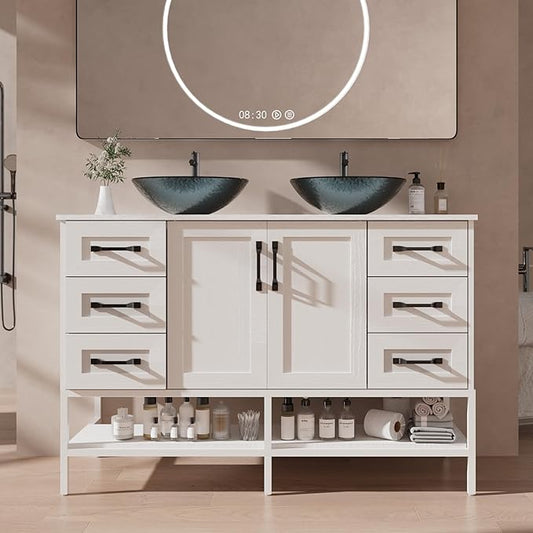 VNN 48 Inch Bathroom Vanity with Sink - Double Sink Bathroom Vanity, Freestanding Cabinet with Open Shelves and 6 Storage Drawers, Modern Iron Wood Cabinet with Countertop Tempered Glass Vessel, White