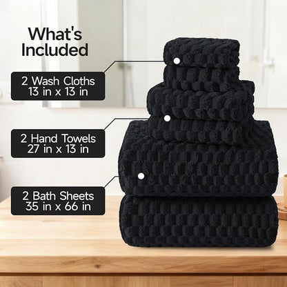 REDKISS Black Microfiber Towels Set of 6-35x70 Inches Oversized Bath Sheets, Extra Large Bath Towels Set of 6 for Adults, Super Soft Quick Dry Lint Free Absorbent Waffle Microfiber Shower Towels