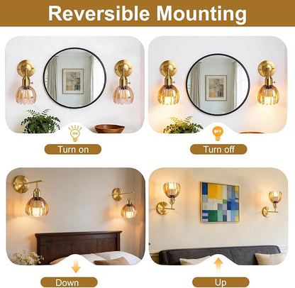 Vintage Wall Sconces with Cute Amber Tulip Glass Lampshade, Brass Sconces Hradwired Modern Wall Mounted Light Fixtures with Switch for Bedside Bedroom Living Room Wall Decor