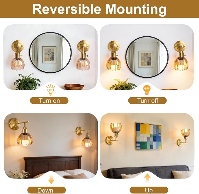 Vintage Gold Wall Sconces Set of 2 with Cute Amber Tulip Glass Lampshade, Hardwired and Wireless Wall Mounted Light Fixtures (2 Usage Methods) with Switch for Bedside Bedroom Living Room Wall Decor