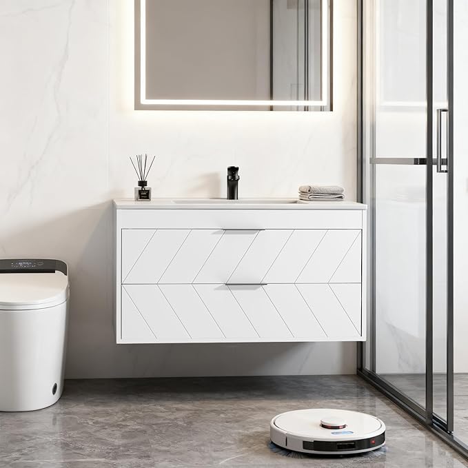 24 Inch Bathroom Vanity with Sink, Modern Floating Bathroom Vanity with Resin Sink, 2 Large Storage Darwers, Wood Grain Texture Wall Mounted Vanity, Metal Handles, White