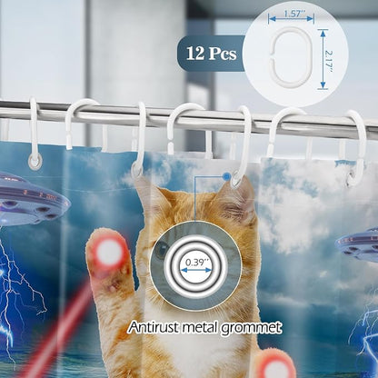 Aimego Funny Cat Shower Curtains for Bathroom - Cute Cool Ocean Cat with Weird Adults Beach UFO Fun Bath Shower Curtain Set with 12 Hooks for Adults Kids Bathroom Decor Accessories, 72"x72"