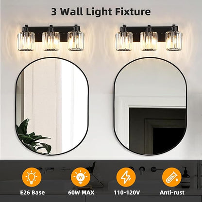 3 Lights Crystal Bathroom Vanity Light Modern Black Bathroom Light Fixture Over Mirror Vanity Lights for Bedroom,Restroom,Hallway E26 Base