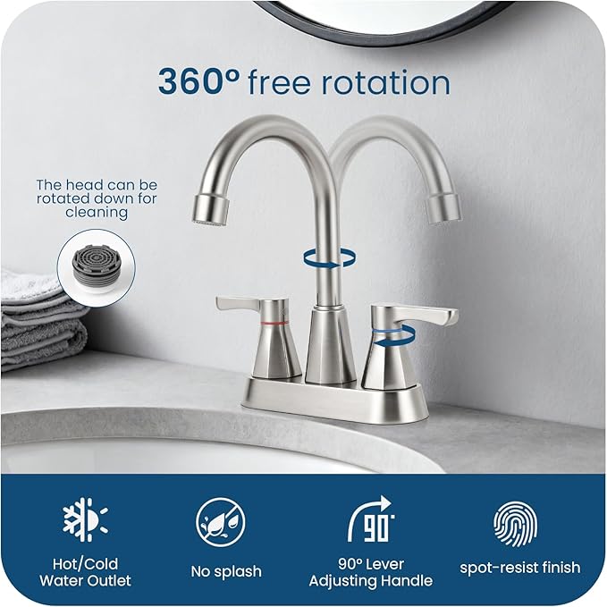 Brushed Nickel Bathroom Faucet 3 Hole, 4 Inch 2-Handle Centerset Bathroom Sink Faucet, Faucet for Bathroom Sink 360° Swivel Bathroom Faucets RV Lavatory Vanity Faucet with Pop-up Drain