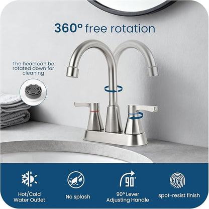 Brushed Nickel Bathroom Faucet 3 Hole, 4 Inch 2-Handle Centerset Bathroom Sink Faucet, Faucet for Bathroom Sink 360° Swivel Bathroom Faucets RV Lavatory Vanity Faucet with Pop-up Drain