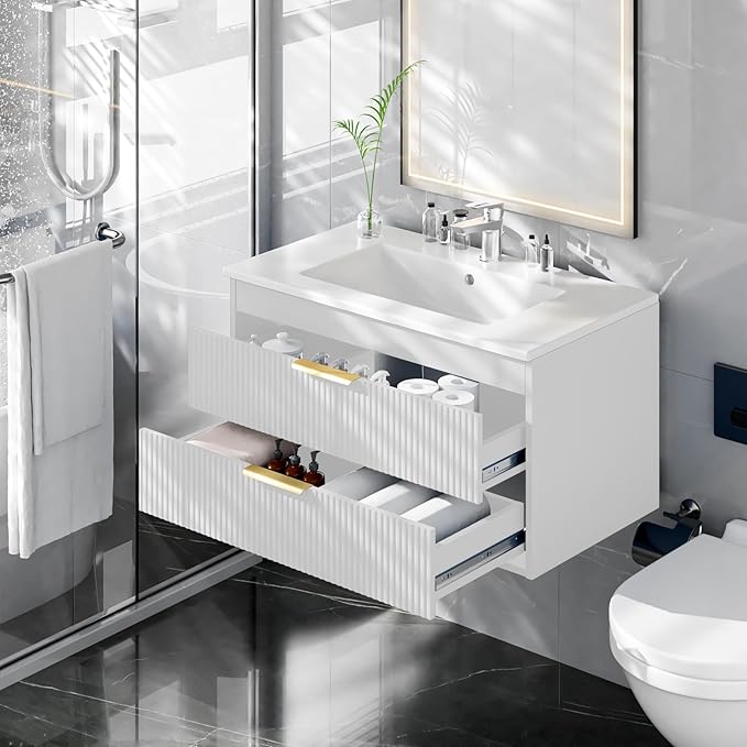 30" Bathroom Vanity Cabinet with Ceramic Sink, Wall-Mounted Floating Vanity, Integrated Sink, 2 Large Storage Drawers, with Sensor LED Light, Metal Handles, for Small Bathroom, Home, Spa, Hotel, White