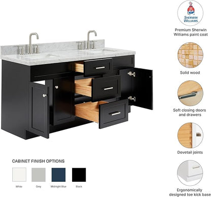 DKB Bradford 72 Inch Bathroom Vanity Double Sink — Black Bathroom Vanity with Sink, 1.5" Edge Italian Carrara Marble Countertop & Backsplash, 4 Soft-Close Doors, and 3 Dovetail Drawers