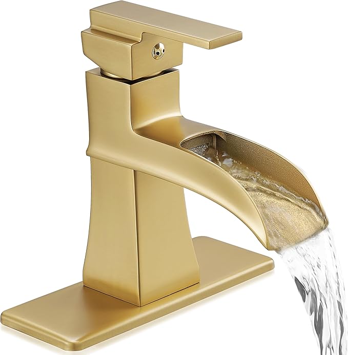 Gold Bathroom Sink Faucet 1 Hole, Brass Waterfall Faucet for Bathroom Sink, 4 Inch 3 Hole with Single Handle, Deck Plate & cUPC Water Hoses for Antique Vanity Lavatory, Not Included Pop-up Drain