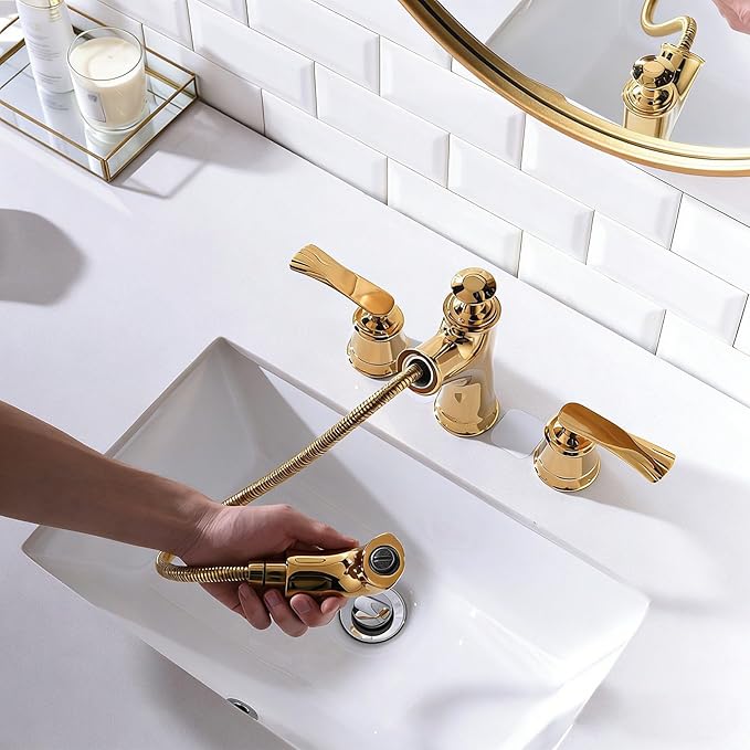 Pull Down Bathroom Faucet 3 Hole Gold Double Handle Hot and Cold Restroom Faucet 3 Holes,Gold
