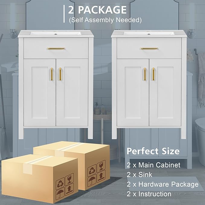 Harper & Bright Designs 48" Bathroom Vanity Set with Double Sink, Free Standing Single Basin Vanity Set with 2 Soft-Close Doors and Drawer, Wood Storage Cabinet with Ceramic Basin for Bathroom, White