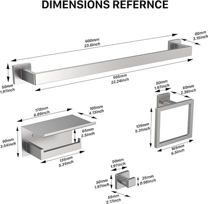 15-Piece 23.6 Inch Brushed Nickel Bathroom Hardware Accessories Set | Stainless Steel Bath Extended Towel Bar, Toilet Paper Holder with Shelf, Towel Hooks, Square Towel Ring Wall Mounted
