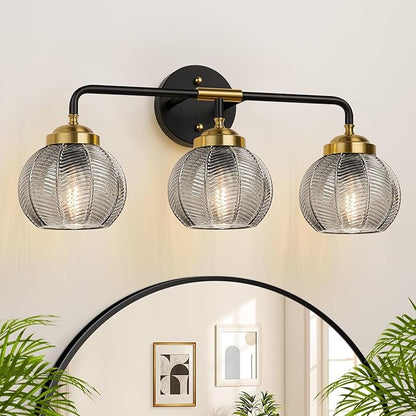 Bathroom Light Fixtures, 3-Light Smokegray Vanity Lights with Unique Leaf Texture Glass Shade, Modern Matte Black and Gold Bathroom Wall Lamp for Mirror Hallway Cabinet Living Room