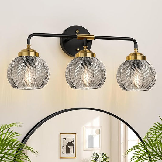 Bathroom Light Fixtures, 3-Light Smokegray Vanity Lights with Unique Leaf Texture Glass Shade, Modern Matte Black and Gold Bathroom Wall Lamp for Mirror Hallway Cabinet Living Room
