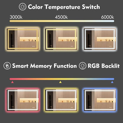 48x28 Inch RGB LED Bathroom Mirror with Lights | Front and RGB Backlit, Dimmable, Memory, Anti Fog, Shatterproof, Horizontal/Vertical, Lighted Mirrors for Bathroom Wall