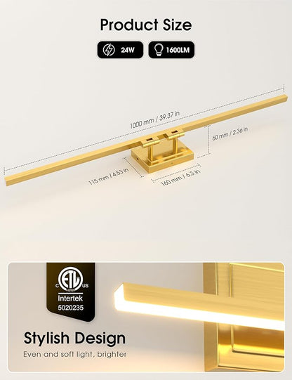 VOLISUN Bathroom Vanity Light 39.4 inch, 24W Dimmable 5CCT Led Bathroom Light Fixture Over Mirror, Gold Bar Vanity Light for Bathrooms-ETL Certificated