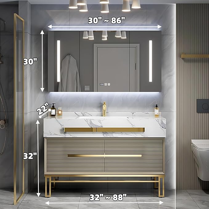 Bathroom Vanity with Sink - Modern Single/Double Sink Bathroom Vanity Cabinet & Smart Defogger Mirror Cabinet Set, Multi-Layer Solid Wood Material | Floor-Mounted Installation (Single Sink,84")
