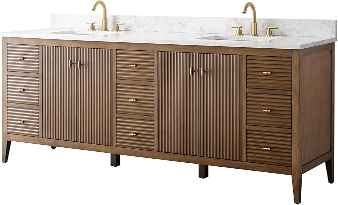 Vanity Art 84 inch Bathroom Vanity with Double Sink & Ceramic Top, Vanity Cabinet with Soft-Closing Door, Solid Wood Frame, Linear Pattern, Walnut, Golden Brushed Handware,Walnut