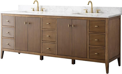 Vanity Art 84 inch Bathroom Vanity with Double Sink & Ceramic Top, Vanity Cabinet with Soft-Closing Door, Solid Wood Frame, Linear Pattern, Walnut, Golden Brushed Handware,Walnut