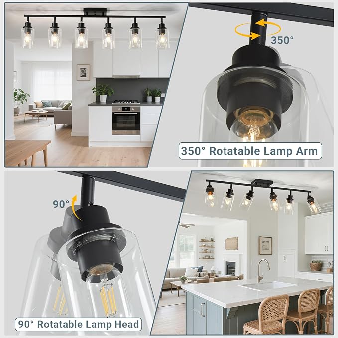 LOUSACE 6 Light Kitchen Track Light Fixtures Ceiling Vanity Lights Black, Bathroom Track Lighting Kit w/Rotatable Heads & Clear Glass Shade, Modern Wall Ceiling Tracking Light for Accent Shop Hallway