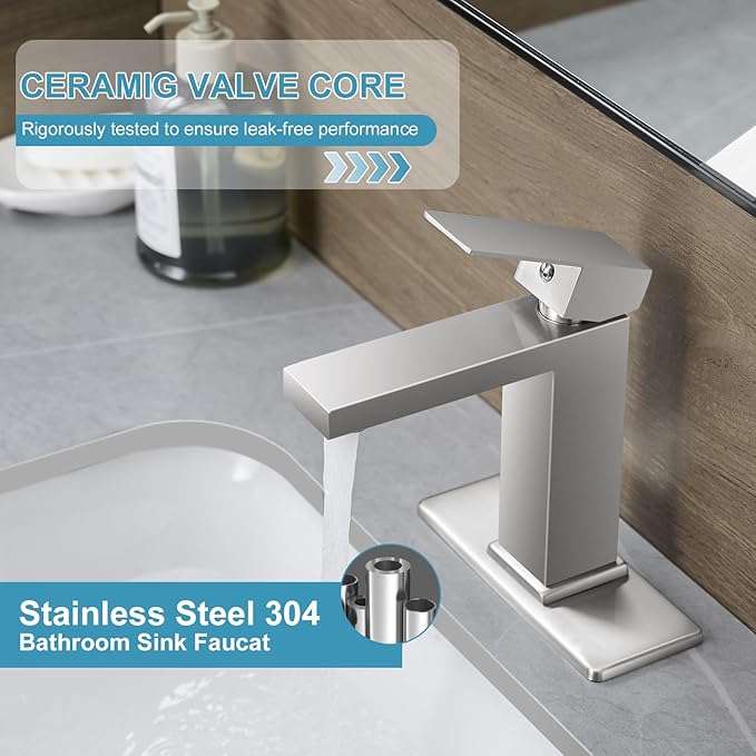 Bathroom Sink Faucet Single Hole Brushed Nickel Single Handle Faucet with Pop-up Drain and Deck for 1 Hole or 3 Hole Bathroom Sink Vanity