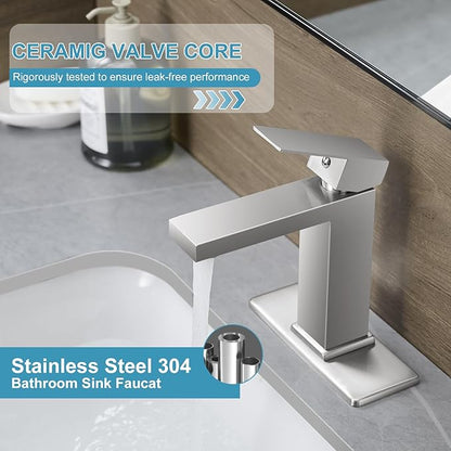 Bathroom Sink Faucet Single Hole Brushed Nickel Single Handle Faucet with Pop-up Drain and Deck for 1 Hole or 3 Hole Bathroom Sink Vanity