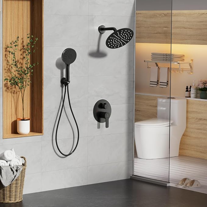 Shower Faucet Set 8IN Brass Rough-In Valve Body Trim Kit Rainfall Included Handle Accessories Complete 2 Functions with Rain Head and Handheld Bathroom Systems (8 Inch Matte Black)