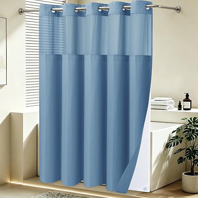 SORTTO No Hook Shower Curtain with Snap in Liner Set Waffle Shower Curtain for Bathroom Hotel Style Fabric Waterproof Inner Liner，71" W x 74" H, Sky Blue