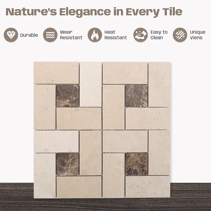 6 Inch Square Weave Marble Mosaic Tile for Wall Floor, 5 Sheets | Water & Heat Resistant Honed Marble Backsplash Tiles for Kitchen Bathroom Fireplace Surround Durable Unique Veins 4.8SQFT