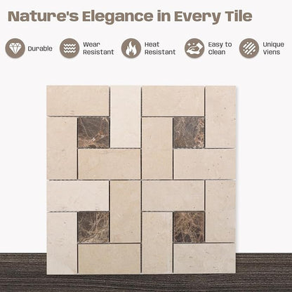 6 Inch Square Weave Marble Mosaic Tile for Wall Floor, 5 Sheets | Water & Heat Resistant Honed Marble Backsplash Tiles for Kitchen Bathroom Fireplace Surround Durable Unique Veins 4.8SQFT