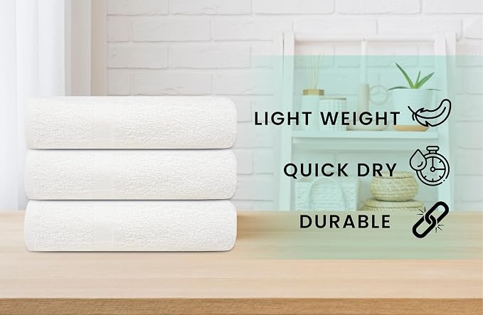 ZUPERIA White Bath Towels Bulk 12 Pack (22 x 44 Inches) - 100% Cotton Economy Light Weight Towels for Commercial Use - Quick Dry, Ultra-Soft, and Absorbent Bulk Towels