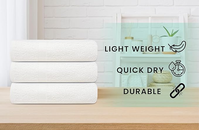ZUPERIA White Bath Towels Bulk 60 Pack (20 x 40 Inches) - 100% Cotton Economy Light Weight Towels for Commercial Use - Quick Dry, Ultra-Soft, and Absorbent Bulk Towels