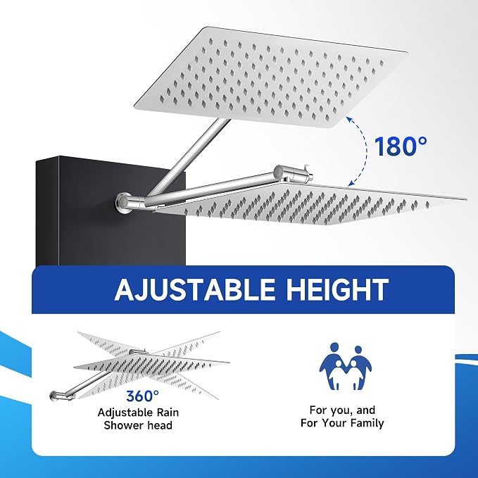 Shower Panel Tower System with Shelf, Adjustable Body Jets and Tub Spout | Rainfall shower panel with angle adjustable side jets, tub spout, 5-function handheld sprayer and built-in shelf
