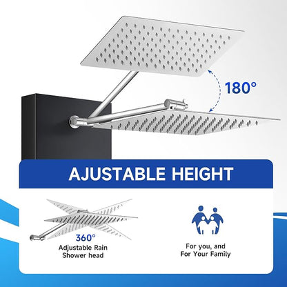 Shower Panel Tower System with Shelf, Adjustable Body Jets and Tub Spout | Rainfall shower panel with angle adjustable side jets, tub spout, 5-function handheld sprayer and built-in shelf