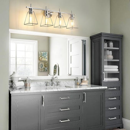 Industrial Bathroom Vanity Lights: 4-Light Silver Brushed Nickel Vintage Metal Cage Wall Sconce - Rustic Farmhouse Light Fixture Over Mirrors Cabinet for Bath Hallway