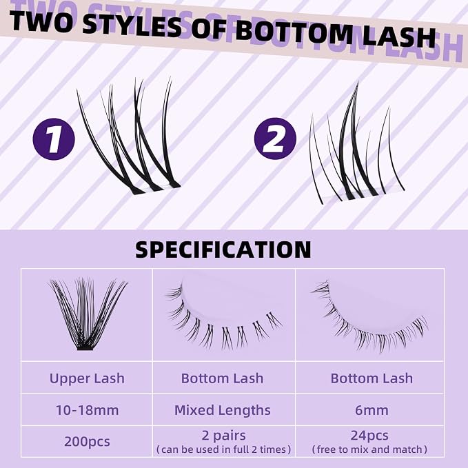 B&Qaugen Eyelash Extension Kit with Bottom Lash Extension 10-18mm 50D D Curl Lash Clusters Kit with Bottom Lashes DIY Lash Extension Kit Bond and Seal Lash Applicator (Kit-50D-D-MIX10-18)