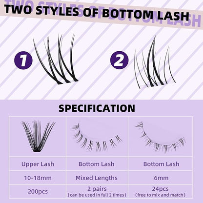 B&Qaugen Eyelash Extension Kit with Bottom Lash Extension 10-18mm 50D D Curl Lash Clusters Kit with Bottom Lashes DIY Lash Extension Kit Bond and Seal Lash Applicator (Kit-50D-D-MIX10-18)