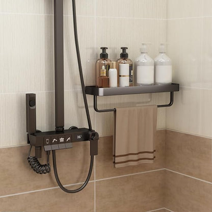 16 Inch Long Floating Bathroom Shelf with Towel Bar, Clear Tempered Glass Wall Shelf with Hand Towel Holder for Bathroom Storage Organizer, Matte Black