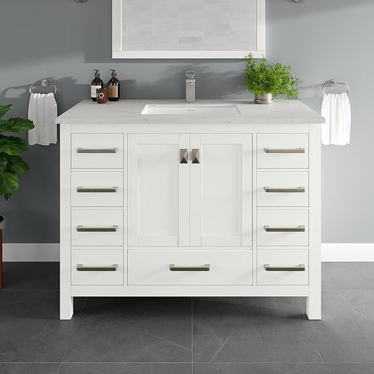 Eviva London 42 Inch Vanity with Top – Bath Vanity with Sink and Countertop, White Bathroom Sink Cabinet with Quartz Countertop and Porcelain Single Sink for Modern Bathrooms