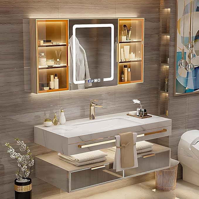 Bathroom Vanity with Sink - Single/Double Sink Bathroom Vanity & LED Fog Removal Mirror Cabinet, Modern Design, Wall-Mounted Floating Vanity (Single Sink, 36")