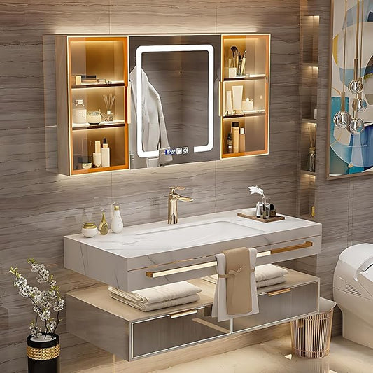 Bathroom Vanity with Sink - Single/Double Sink Bathroom Vanity & LED Fog Removal Mirror Cabinet, Modern Design, Wall-Mounted Floating Vanity (Single Sink, 36")