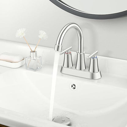 Herogo Bathroom Faucet for Sink 3 Holes Brushed Nickel, 4 Inch 2-Handle Centerset Bathroom Sink Faucet with Pop-Up Drain & Supply Hoses, 18/10 Stainless Steel, for RV Vanity Lavatory