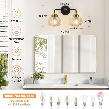 MOKATNG Bathroom Light Fixtures, 2-Light Amber Vanity Lights with Unique Leaf Texture Glass Shade, Modern Matte Black and Gold Bathroom Wall Lamp for Mirror Hallway Cabinet Living Room